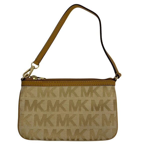 MICHAEL KORS Signature MK Logo Jacquard Leather Trim Wristlet Handbag Clutch - Picture 7 of 11